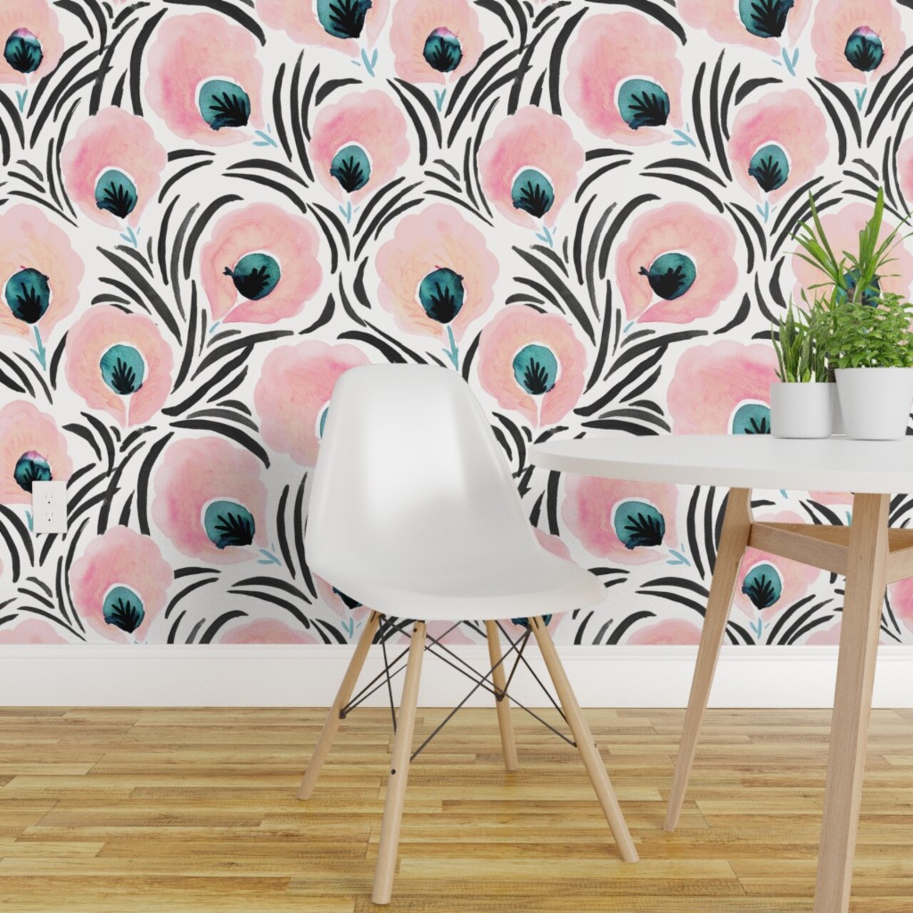 Peel & Stick Wallpaper 2FT Wide Feather Flowers Floral Art Deco Soft Pastel Blush Pink White Turquoise Black Custom Removable Wallpaper by Spoonflower